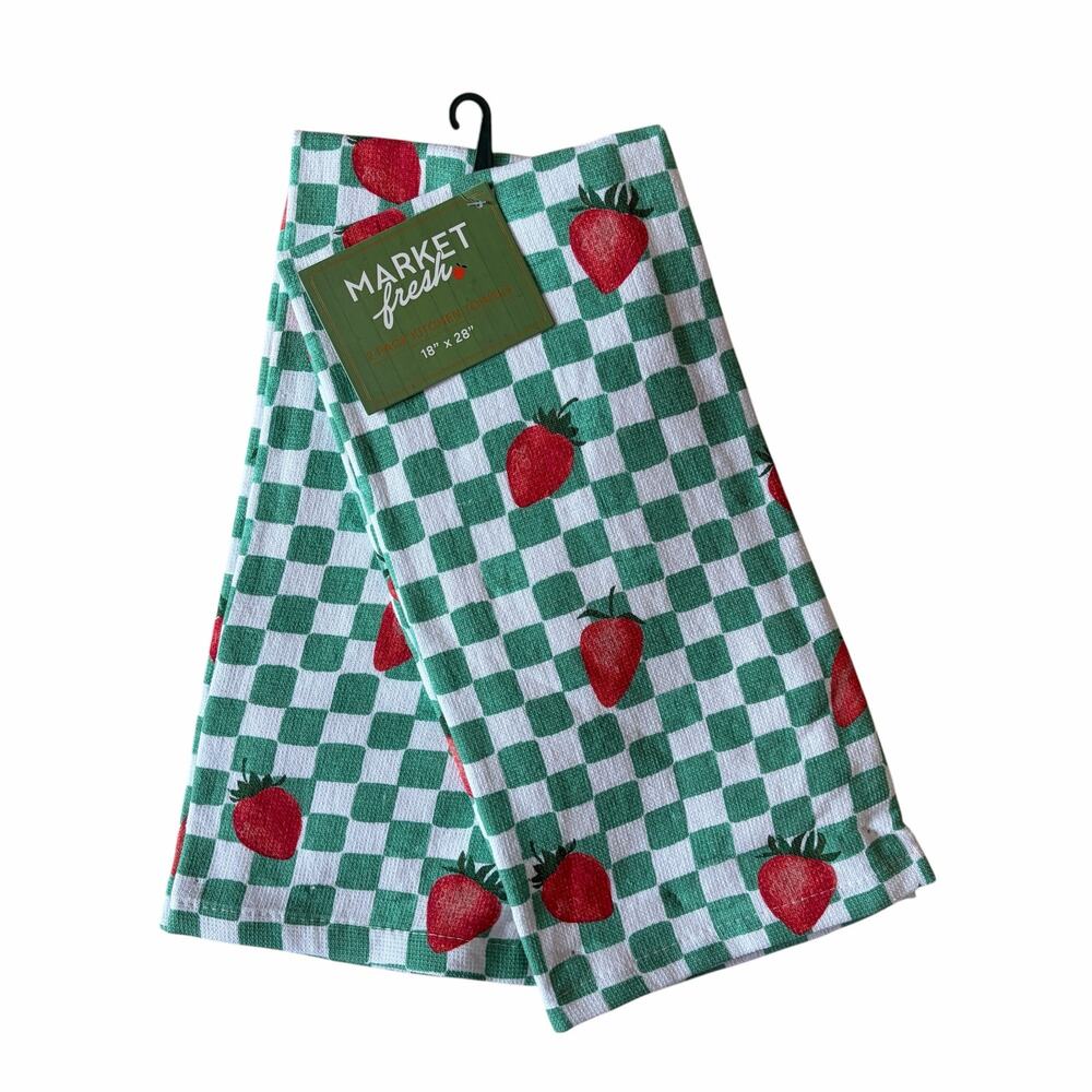 2pc Market Fresh Checkered Strawberry Kitchen Towels 100% Cotton 18x28 New